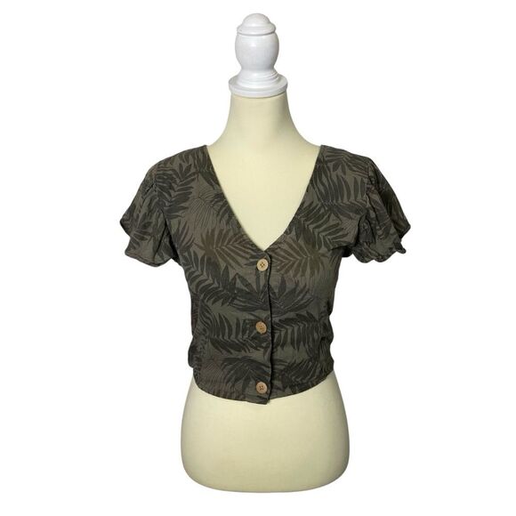 Vanilla Star Linen Blend Short Ruffle Sleeve Button Front Blouse Women's Size S - Picture 1 of 16